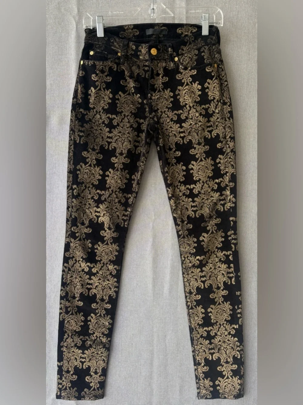7 For All Mankind Black with Gold Damask Print Glam low rise Jeans